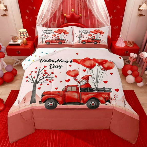 Castle Fairy Kids Teenagers Happy Valentine's Day 3 Pieces Queen Comforter Set,Kawaii Gnome Truck Ultra Soft Bedding Sets,Romantic Love Heart Print Bedding Comforter Set Breathable