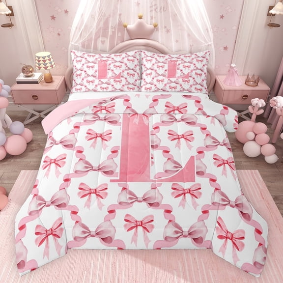 Castle Fairy Kids Teens Adults Cute Bowtie Personalized Initial Alphabet L Bedding Comforter Set 2pcs,Dreamy Princess Bowknot Twin Comforter Sets Microfiber,Ribbon Bow Plaid Breathable Bedding Set