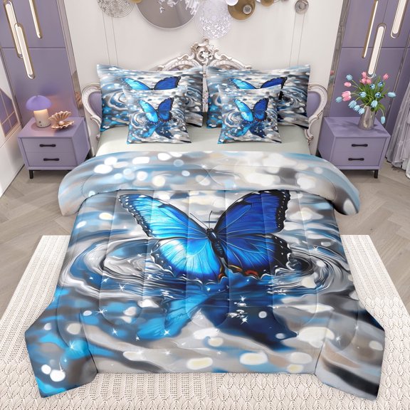 Castle Fairy Kids Teens Adults Flying Blue Butterfly Bedding Comforter Set 7 Pieces,Sparkling Waves Full Bedding Set Lightweight,Dreamy Princess Fitted Sheet Flat Sheet,Lightweight Room Decor