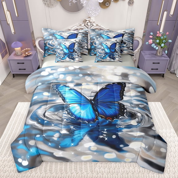 Castle Fairy Kids Teens Adults Flying Blue Butterfly Bedding Comforter Set 7pcs,Sparkling Waves Queen Bedding Sets Super Cozy,Dreamy Princess Queen Sheet Sets,Lightweight Room Decor,Reversible