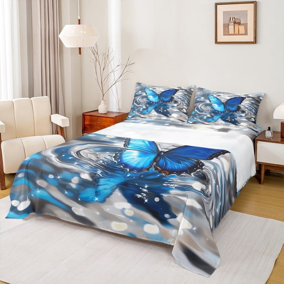 Castle Fairy Kids Teens Adults Flying Blue Butterfly Full Size Sheets 4-Piece,Sparkling Waves Breathable Bed Sheets,Dreamy Princess Lightweight Sheet Sets,Lightweight Room Decor