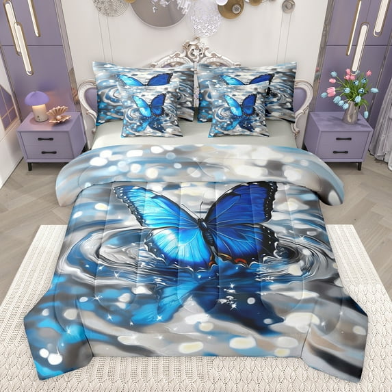 Castle Fairy Kids Teens Adults Flying Blue Butterfly Twin Bedding Sets 7-Piece,Sparkling Waves Bedding Comforter Set Microfiber,Dreamy Princess Breathable Sheet Sets,Lightweight Room Decor