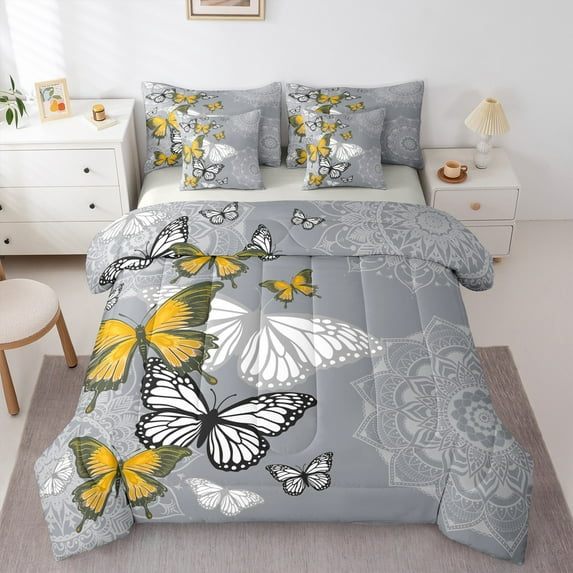 Castle Fairy Kids Teens Adults Flying Butterflies Twin Bedding Sets 7-Piece,Bohemian Floral Mandala Bedding Comforter Set Microfiber,Boho Exotic Style Breathable Sheet Sets,Lightweight Room Decor