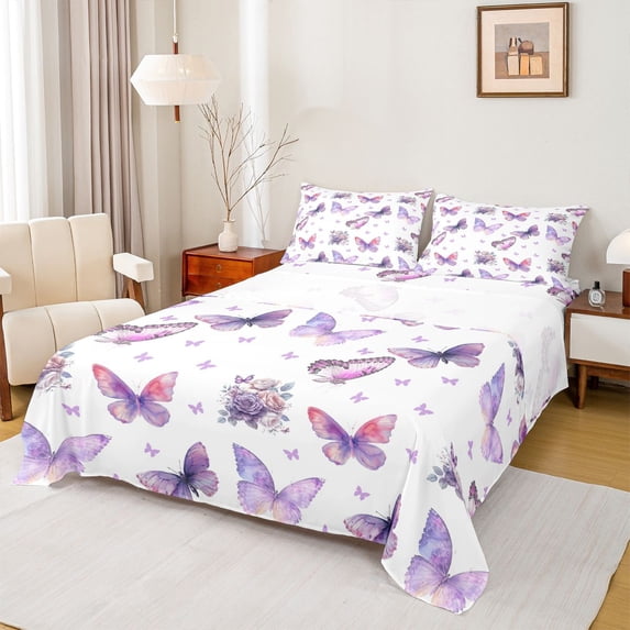 Castle Fairy Kids Teens Adults Flying Gradient Butterflies 4 Pieces Queen Sheet Sets,Chic Floral Rose Ultra Soft Flat Sheet,Dreamy Princess Queen Fitted Sheet,Lightweight Room Decor