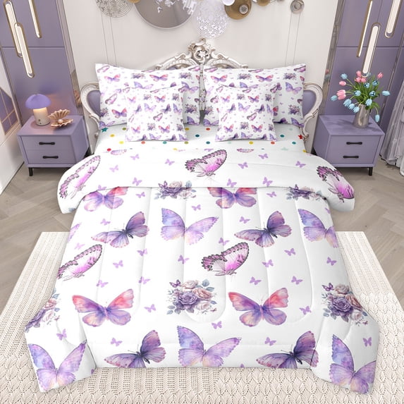 Castle Fairy Kids Teens Adults Flying Gradient Butterflies Twin Bedding Sets 7-Piece,Chic Floral Rose Bedding Comforter Set Microfiber,Dreamy Princess Breathable Sheet Sets,Lightweight Room Decor