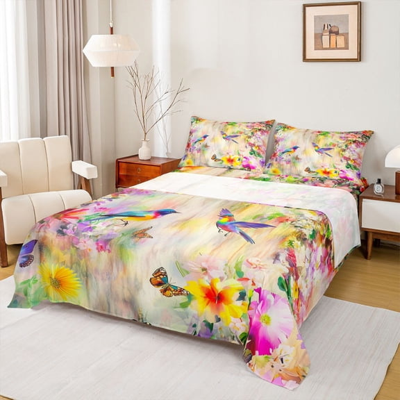 Castle Fairy Kids Teens Adults Flying Hummingbird Butterflies Twin Sheet Sets 3pcs,Chic Floral Flowers Twin Fitted Sheet Microfiber,Abstract Gradient Ombre Breathable Flat Sheet