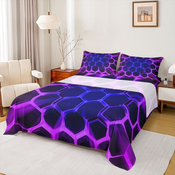 Castle Fairy Kids Teens Adults Gradient Hexagon Twin Sheet Sets,Ombre Neon Lights Bedding