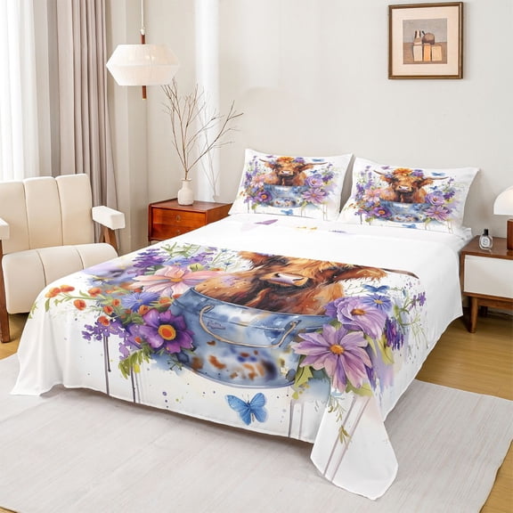 Castle Fairy Kids Teens Adults Highland Cow 4 Pieces Queen Sheet Sets,Chic Floral Flowers Butterfly Ultra Soft Flat Sheet,Rustic Farmhouse Animal Queen Fitted Sheet,Lightweight Room Decor