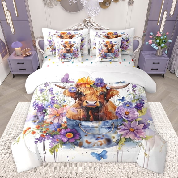 Castle Fairy Kids Teens Adults Highland Cow Bedding Comforter Set 7 Pieces,Chic Floral Flowers Butterfly Full Bedding Set Lightweight,Rustic Farmhouse Animal Fitted Sheet Flat Sheet