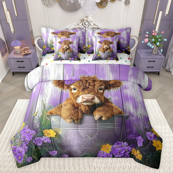 Castle Fairy Kids Teens Adults Highland Cow Bedding Comforter Set 7 Pieces,Chic Floral Flowers Daisy Full Bedding Set Lightweight,Rustic Farmhouse Animal Fitted Sheet Flat Sheet