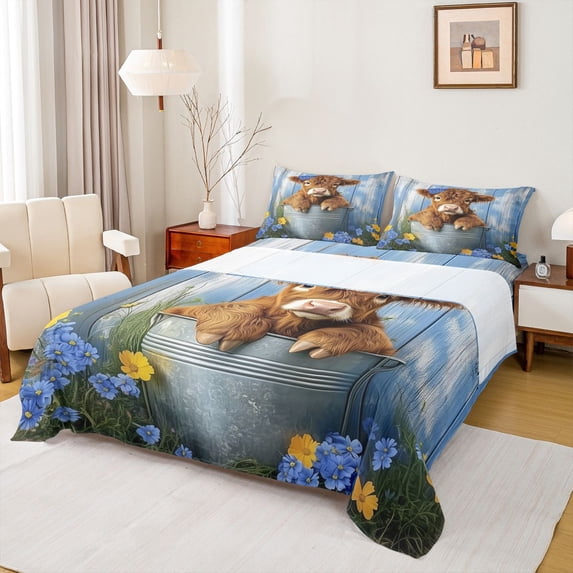 Castle Fairy Kids Teens Adults Highland Cow Full Size Sheets 4-Piece,Chic Floral Flowers Breathable Bed Sheets,Rustic Vintage Farmhouse Animal Lightweight Sheet Sets,Lightweight Room Decor