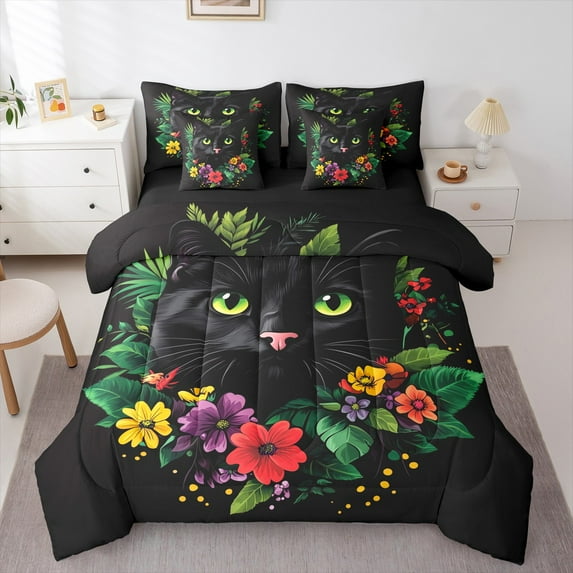 Castle Fairy Kids Teens Adults Kawaii Black Cat Bedding Comforter Set 7 Pieces,Chic Floral Flowers Full Bedding Set Lightweight,Vintage Aesthetics Fitted Sheet Flat Sheet,Ultra Soft Home Decor