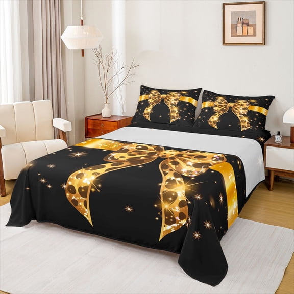 Castle Fairy Kids Teens Adults Old Fashion Cheetah Print Bow Twin Sheet Sets 3pcs,Cartoon Bow Knot Twin Fitted Sheet Microfiber,Bling Glitter Breathable Flat Sheet,Luxury Bedroom Decor