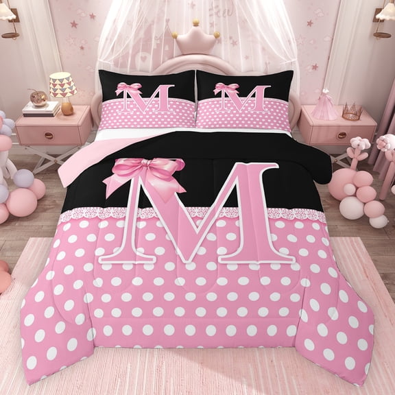 Castle Fairy Kids Teens Adults Personalized Initial M Bedding Comforter Set 2pcs,Kawaii Pink Ribbon Bow Knot Twin Comforter Sets Microfiber,Minimalist Polka Dots Breathable Bedding Set