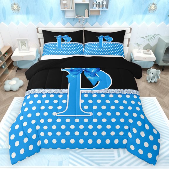 Castle Fairy Kids Teens Adults Personalized Initial P 3 Pieces Queen Comforter Set,Kawaii Blue Ribbon Bow Knot Ultra Soft Bedding Sets,Minimalist Polka Dots Bedding Comforter Set Breathable