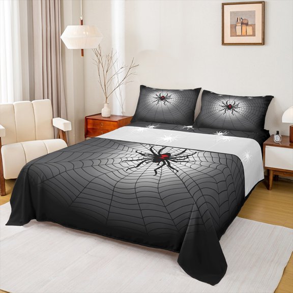 Castle Fairy Kids Teens Adults Spider Web Full Size Sheets 4-Piece,Abstract Stripes Lines Breathable Bed Sheets,Gothic Style Lightweight Sheet Sets,Microfiber Bedroom Decor