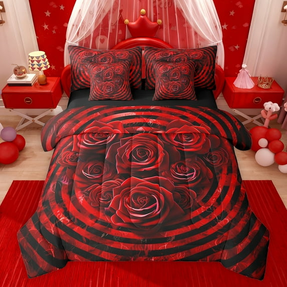 Castle Fairy Kids Teens Adults Valentine's Day Floral Rose Bedding Comforter Set 7pcs,Romantic Lover Couple Queen Bedding Sets Super Cozy,Abstract Geometric Stripes Queen Sheet Sets