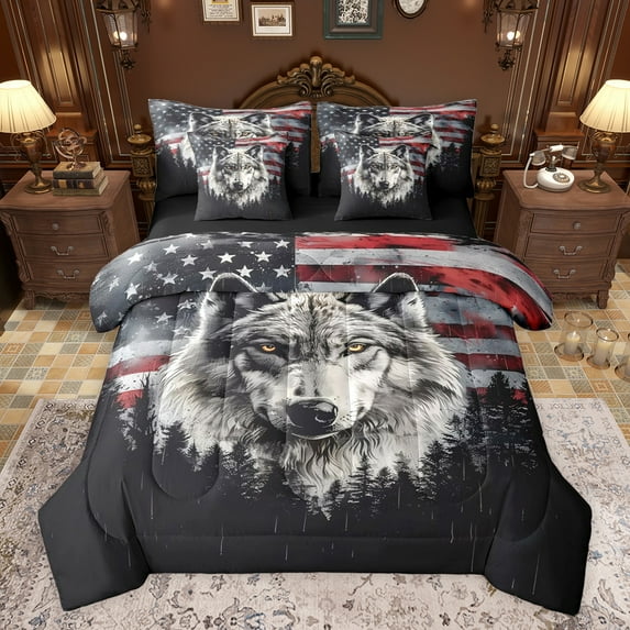 Castle Fairy Kids Teens Adults Wildlife Wolf Bedding Comforter Set 7pcs,Vintage USA Flag Queen Bedding Sets Super Cozy,Jungle Animal Queen Sheet Sets,Microfiber Bedroom Decor,Reversible