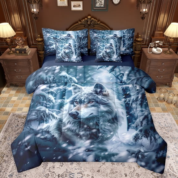 Castle Fairy Kids Teens Adults Wildlife Wolf Twin Bedding Sets 7-Piece,Winter Woodland Bedding Comforter Set Microfiber,Jungle Animal Breathable Sheet Sets,Microfiber Bedroom Decor,Reversible
