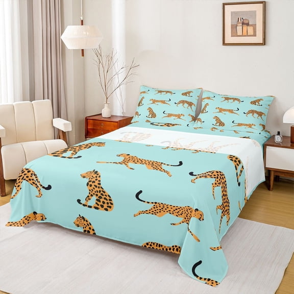Castle Fairy Kids Teens Animal Leopard Full Size Sheets,Jungle Wildlife Bed Sheets