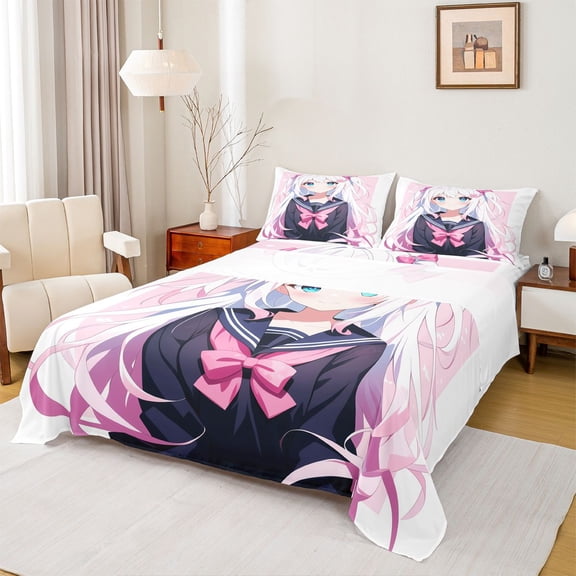 Castle Fairy Kids Teens Anime Girl Bed Sheets,Kawaii Bow Princess King Sheets