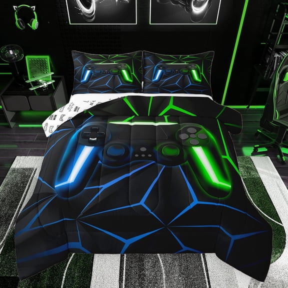 Castle Fairy Kids Teens Boys Abstract Gamepads Gamer Bedding Comforter Set 2pcs,Geometric Plaid Futuristic Cubes Twin Comforter Sets Microfiber,Black Blue Green Breathable Bedding Set