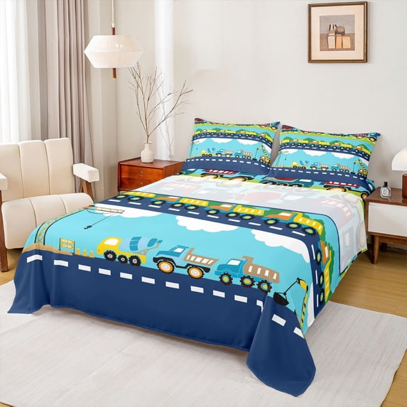 Castle Fairy Kids Teens Boys Kawaii Truck 4pcs Bed Sheets,Cartoon Car Tractor King Sheets,Construction Vehicles Super Cozy Sheet Set,Lightweight Room Decor