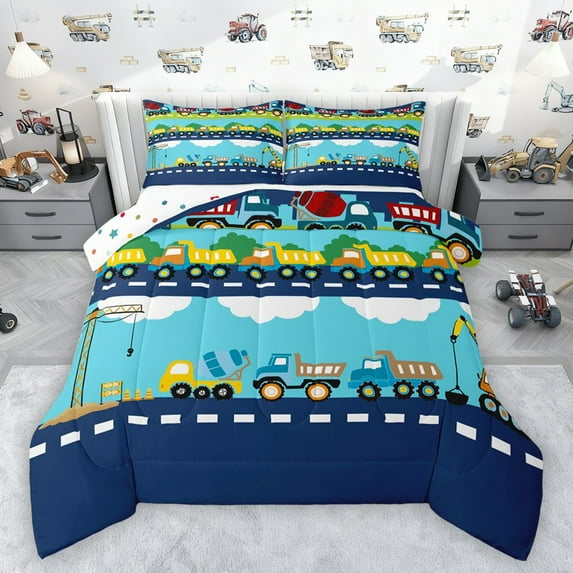Castle Fairy Kids Teens Boys Kawaii Truck Bedding Comforter Set 2pcs,Cartoon Car Tractor Twin Comforter Sets Microfiber,Construction Vehicles Breathable Bedding Set,Lightweight Room Decor,Reversible