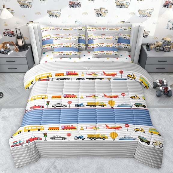 Castle Fairy Kids Teens Boys Kawaii Truck Plane Train Bedding Comforter Set 7 Pieces,Cartoon Car Full Bedding Set Lightweight,Geometric Stripes Fitted Sheet Flat Sheet,Lightweight Room Decor