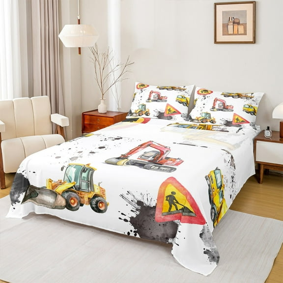Castle Fairy Kids Teens Boys Kawaii Truck Twin Sheet Sets 3pcs,Cartoon Car Tractor Twin Fitted Sheet Microfiber,Construction Vehicles Breathable Flat Sheet,Lightweight Room Decor