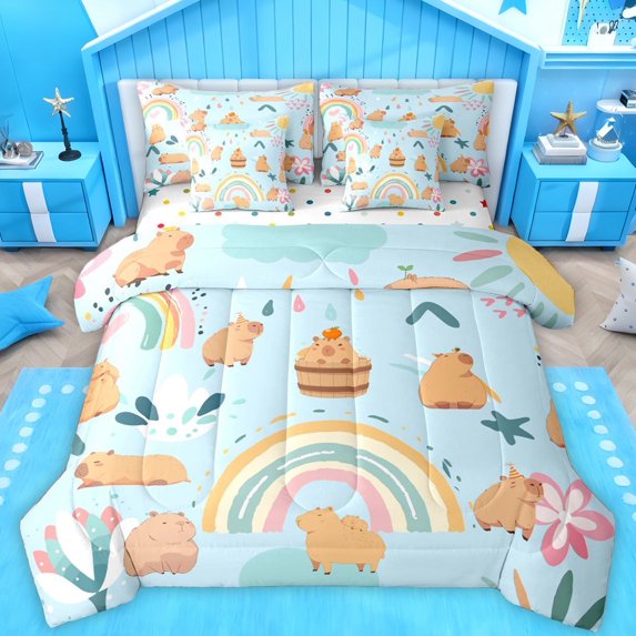 Castle Fairy Kids Teens Cartoon Capybara Twin Bedding Sets 7-Piece,Kawaii Rainbow Bedding Comforter Set Microfiber,Cute Flower Animal Breathable Sheet Sets,Super Cozy Room Decor,Reversible