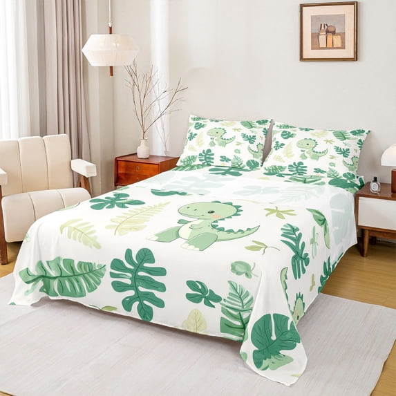 Castle Fairy Kids Teens Cartoon Dinosaur Bed Sheets,Tropical Tree Leaves King Sheets