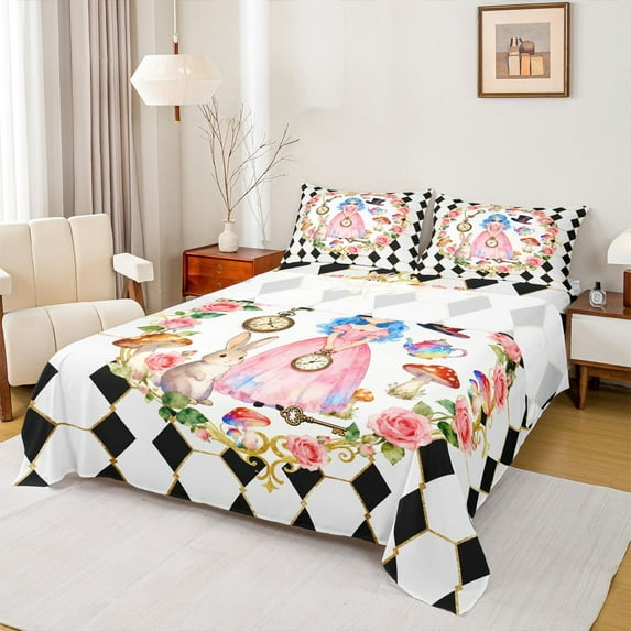 Castle Fairy Kids Teens Cartoon Princess Magician'S Hat Rabbit Twin Sheet Sets 3pcs,Playing Cards Plaid Twin Fitted Sheet Microfiber,Floral Rose Botanical Mushroom Breathable Flat Sheet