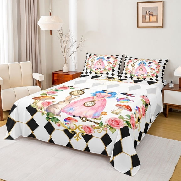 Castle Fairy Kids Teens Cartoon Princess Magician'S Hat Rabbit Twin Sheet Sets 3pcs,Playing Cards Plaid Twin Fitted Sheet Microfiber,Floral Rose Botanical Mushroom Breathable Flat Sheet