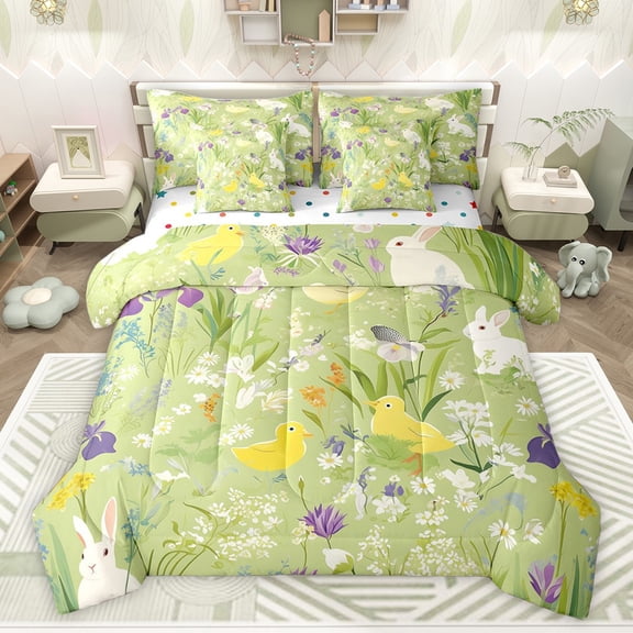 Castle Fairy Kids Teens Cute Rabbit Duck Twin Bedding Sets 7-Piece,Chic Floral Flowers Bedding Comforter Set Microfiber,Cartoon Farmhouse Animal Breathable Sheet Sets,Super Cozy Room Decor