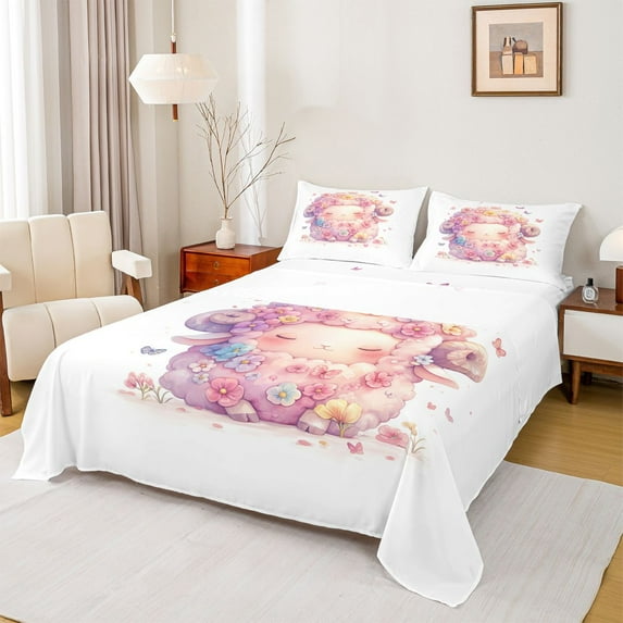 Castle Fairy Kids Teens Cute Sheep 4pcs Bed Sheets,Chic Floral Flowers King Sheets,Cartoon Farmhouse Animal Super Cozy Sheet Set,Super Cozy Room Decor
