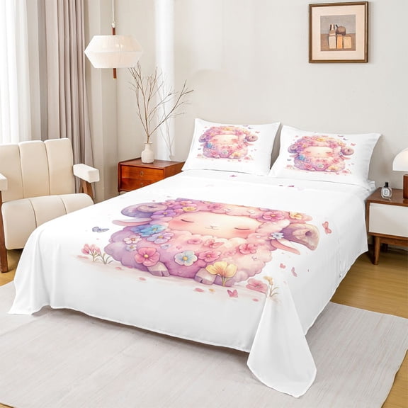 Castle Fairy Kids Teens Cute Sheep 4pcs Bed Sheets,Chic Floral Flowers King Sheets,Cartoon Farmhouse Animal Super Cozy Sheet Set,Super Cozy Room Decor