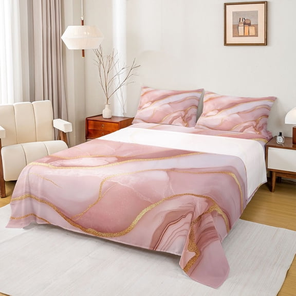 Castle Fairy Kids Teens Female Gradient Marble Stone Pattern Twin Sheet Sets 3pcs,Mountain Fluid Gold Metallic Twin Fitted Sheet Microfiber,Ombre Marbling Watercolor Breathable Flat Sheet