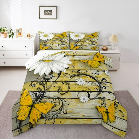 Castle Fairy Kids Teens Flying Butterflies 3 Pieces Queen Comforter Set,Floral Daisy Flowers Ultra Soft Bedding Sets,Vintage Cottage Bedding Comforter Set Breathable,Ultra Soft Home Decor,Reversible