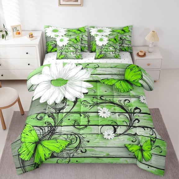 Castle Fairy Kids Teens Flying Butterflies Bedding Comforter Set 7-Piece,Floral Daisy Flowers King Bedding Sets,Vintage Cottage Ultra Soft Bed Sheets,Ultra Soft Home Decor,Reversible