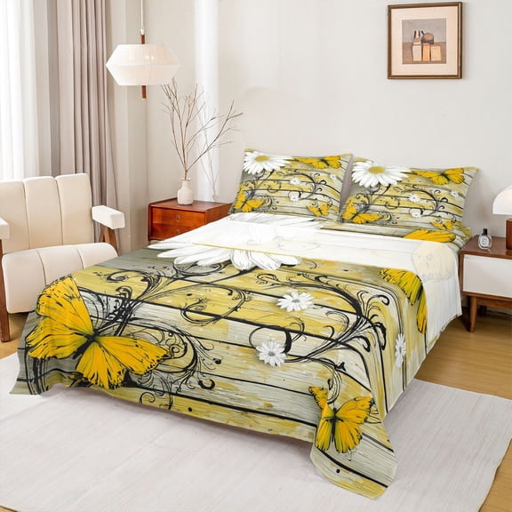 Castle Fairy Kids Teens Flying Butterflies Full Size Sheets 4-Piece,Floral Daisy Flowers Breathable Bed Sheets,Vintage Cottage Lightweight Sheet Sets,Ultra Soft Home Decor