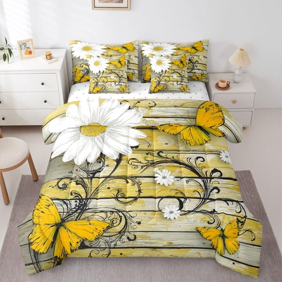 Castle Fairy Kids Teens Flying Butterflies Twin Bedding Sets 7-Piece,Floral Daisy Flowers Bedding Comforter Set Microfiber,Vintage Cottage Breathable Sheet Sets,Ultra Soft Home Decor,Reversible