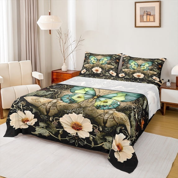 Castle Fairy Kids Teens Flying Butterfly Queen Sheet Sets,Gothic Moth Bed Set