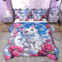 Castle Fairy Kids Teens Girls Kawaii Bow White Cat Twin Bedding Sets 7-Piece,Pink Floral Rose Bedding Comforter Set Microfiber,Starry Sky Breathable Sheet Sets,Microfiber Bedroom Decor,Reversible