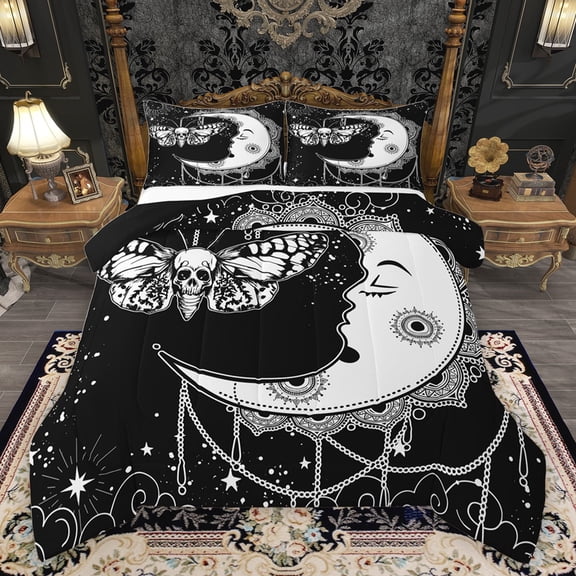 Castle Fairy Kids Teens Gothic Moth Skull 3 Pieces Queen Comforter Set,Black White Ultra Soft Bedding Sets,Galaxy Universe Moon Stars Bedding Comforter Set Breathable,Lightweight Room Decor