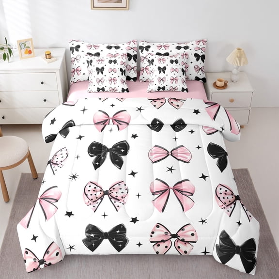 Castle Fairy Kids Teens Kawaii Polka Dots Bow Twin Bedding Sets 7-Piece,Cartoon Stars Print Bedding Comforter Set Microfiber,Dreamy Princess Breathable Sheet Sets,Lightweight Room Decor,Reversible