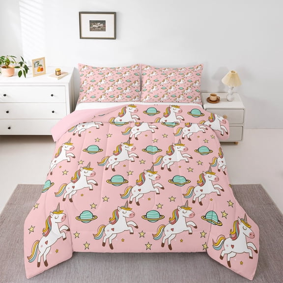 Castle Fairy Kids Teens Kawaii Unicorn Twin Comforter Sets,Cartoon Stars Print Bedding Set