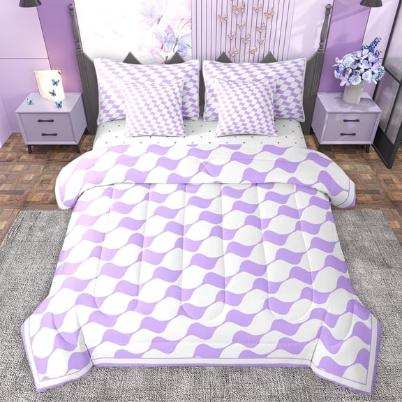 Castle Fairy Kids Teens Minimalist Geometric Grid Bedding Comforter Set 7 Pieces,Minimalist Full Bedding Set Lightweight,Abstract Stripes Fitted Sheet Flat Sheet,Microfiber Bedroom Decor,Reversible