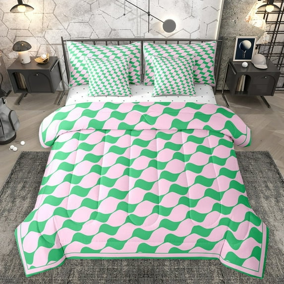 Castle Fairy Kids Teens Minimalist Geometric Grid Bedding Comforter Set 7pcs,Minimalist Queen Bedding Sets Super Cozy,Abstract Stripes Queen Sheet Sets,Microfiber Bedroom Decor,Reversible