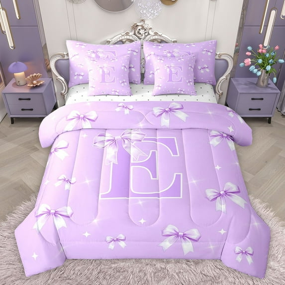 Castle Fairy Kids Teens Personalized Initial E Bedding Comforter Set 7pcs,Kawaii Purple Ribbon Bowknot Queen Bedding Sets Super Cozy,Dreamy Princess Stars Queen Sheet Sets,Luxury Bedroom Decor